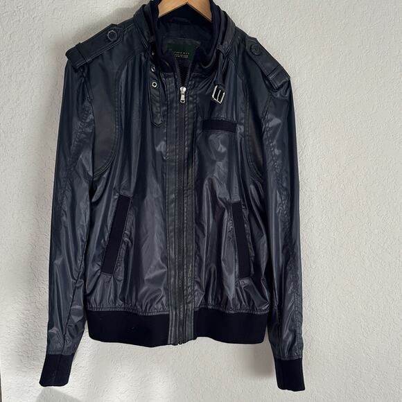Zara Man Blue Faux Leather 90s Jacket Y2K Moto Streetwear Full Zip Bomber XL - Picture 1 of 10